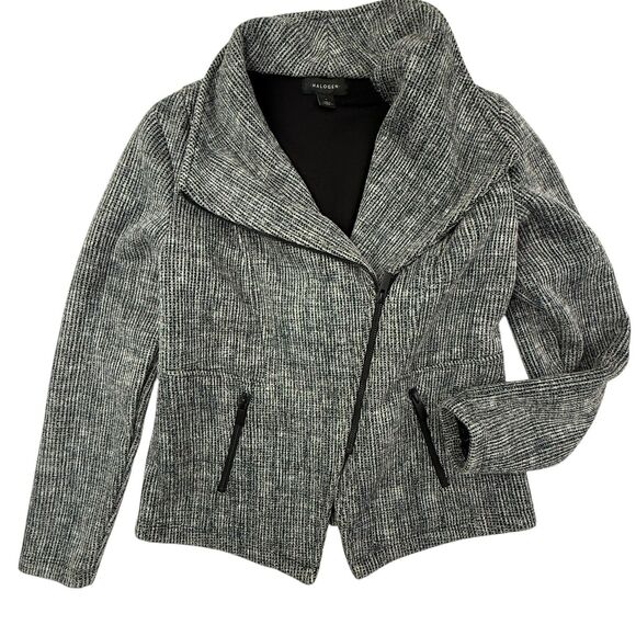 Halogen Waffle Knit Moto Jacket Asymmetrical Zip Women Small Black White Granite - Picture 2 of 10